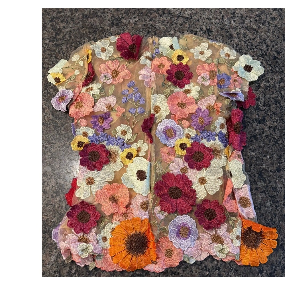 Anewsta Floral Embroidered Mesh Top Sheer 3D Flower Applique Blouse Tan Small - Picture 2 of 6
